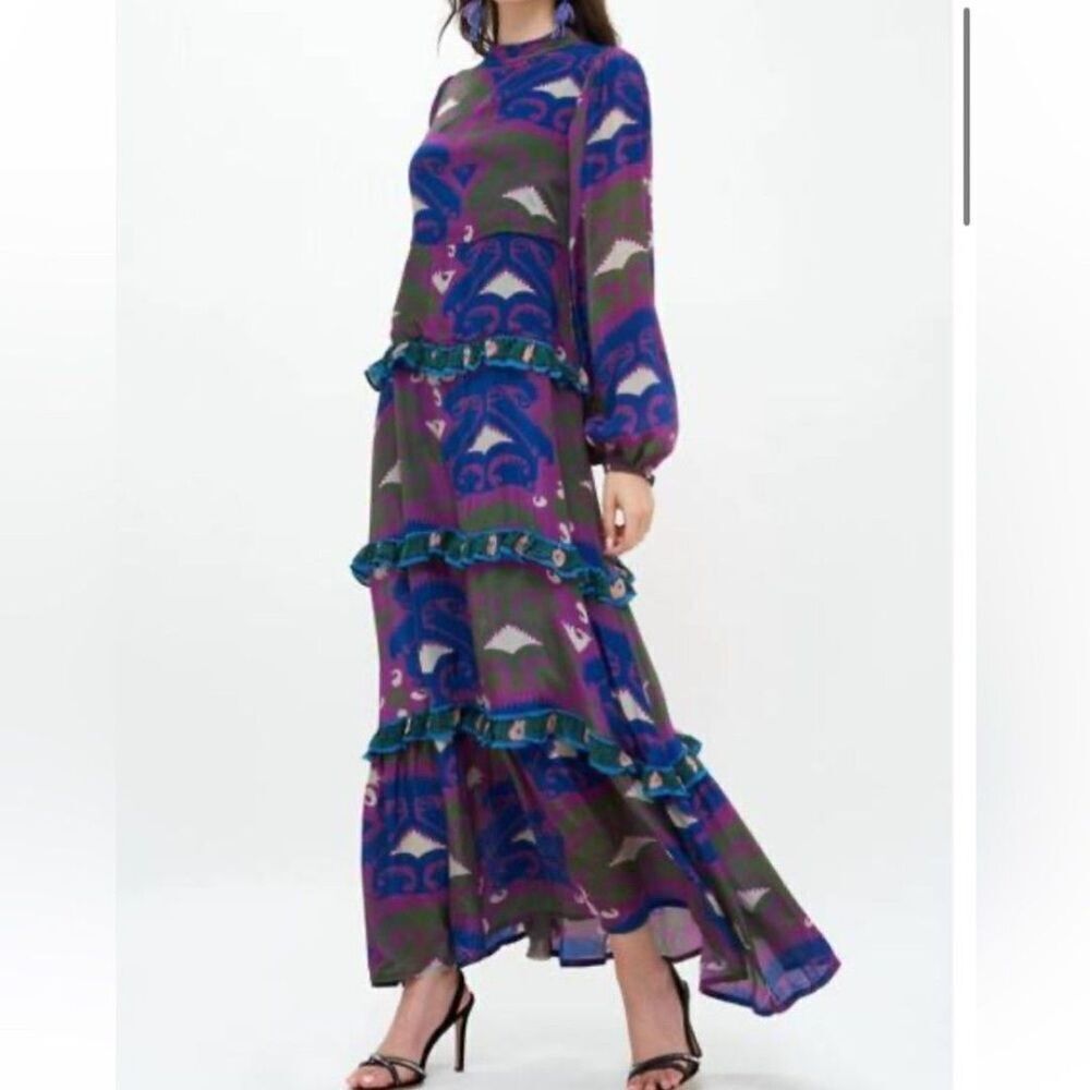 Tuckernuck Oliphant Purple Blue Uzbek Magenta Mock Neck Long Sleeve Maxi Dress - Picture 2 of 12